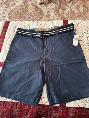 Izod Navy Flat-Front Shorts with Striped Belt